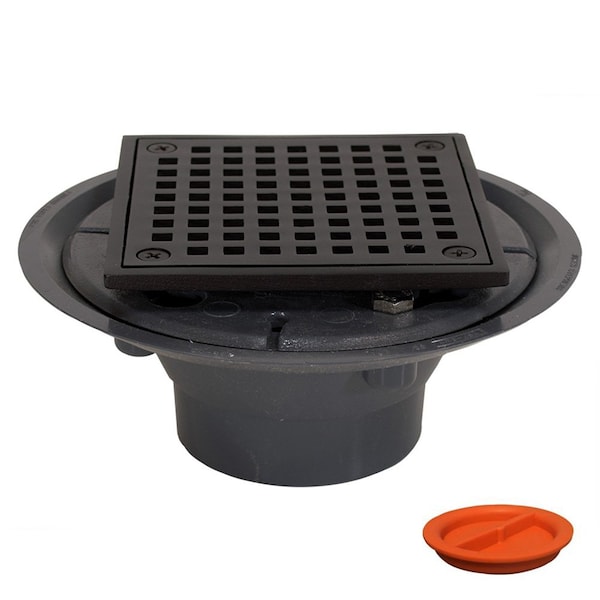 Jones Stephens 2inX3in PVC Shower Drain, 2in Brass Spud, 4-1/4in Square Oil Rubbed Bronze Strainer D5094RBTP - main